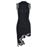 black sleeveless dress with white piping and asymmetrical hem