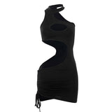 Black one-shoulder cutout dress with ruched detailing and drawstring.