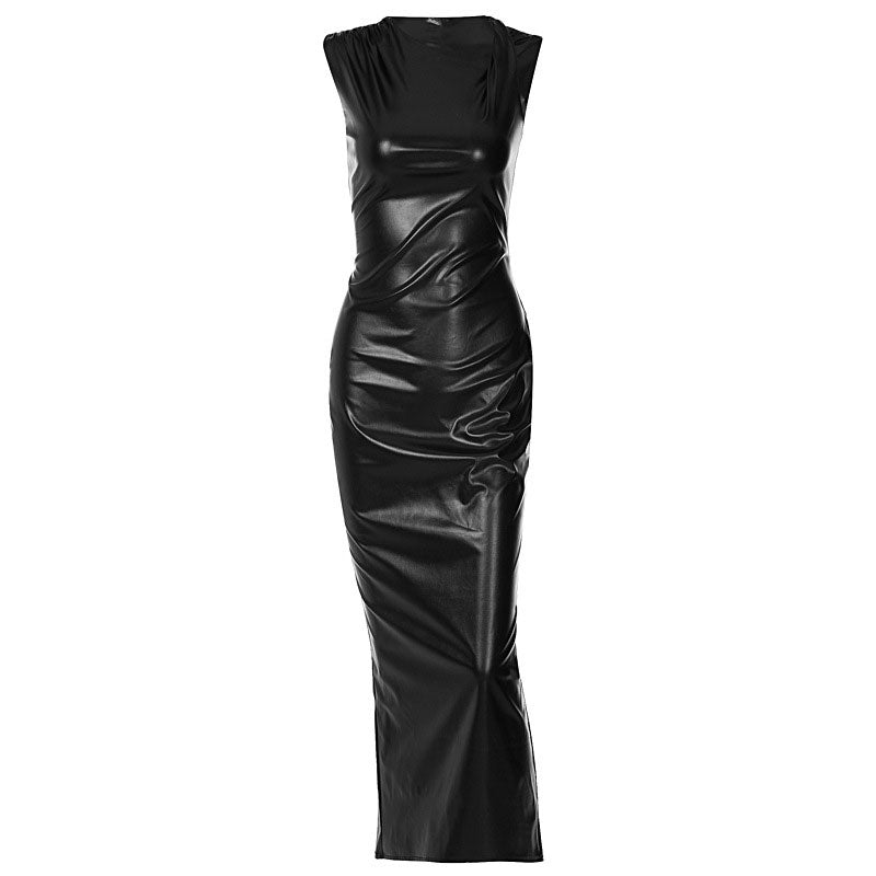 black faux leather column dress with an asymmetrical neckline and ruching detail