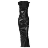 black faux leather column dress with an asymmetrical neckline and ruching detail