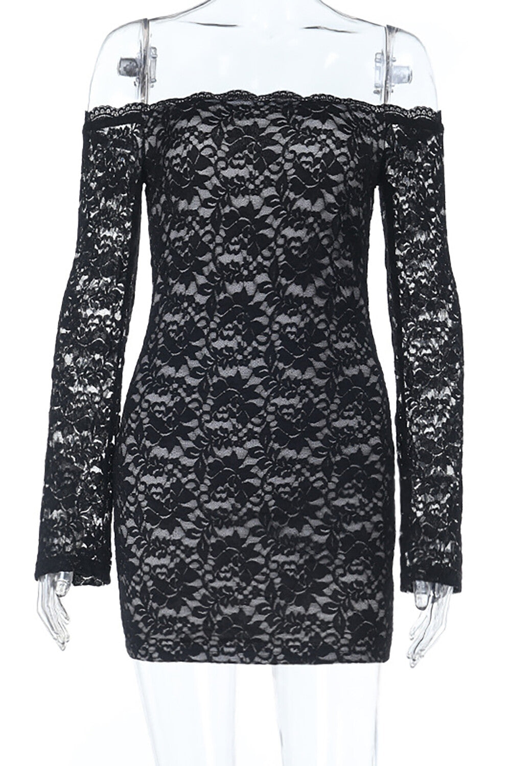 Close-up of a black lace off-the-shoulder mini dress with long bell sleeves on a mannequin.