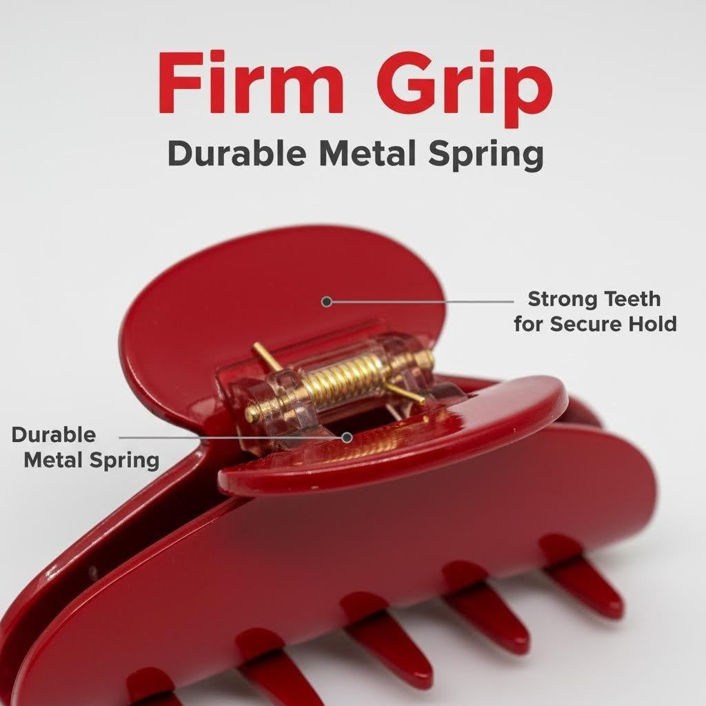 Close-up of a red claw hair clip highlighting the durable metal spring and strong teeth