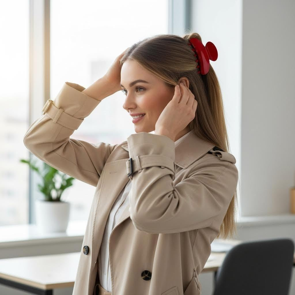 Woman with long blonde hair adjusting a red claw clip in her ponytail