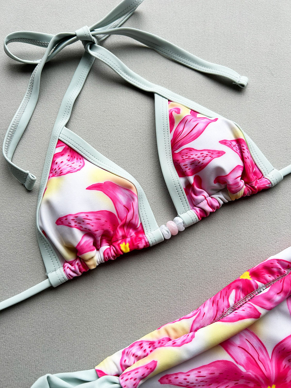 close-up of a floral print bikini top