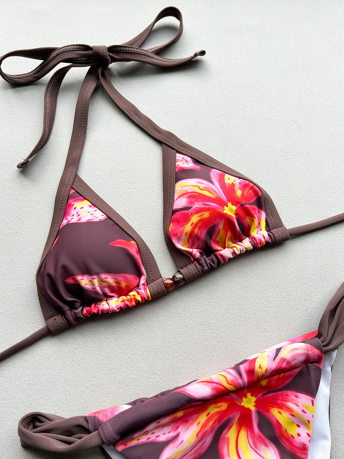 close-up of a floral print bikini top and bottom