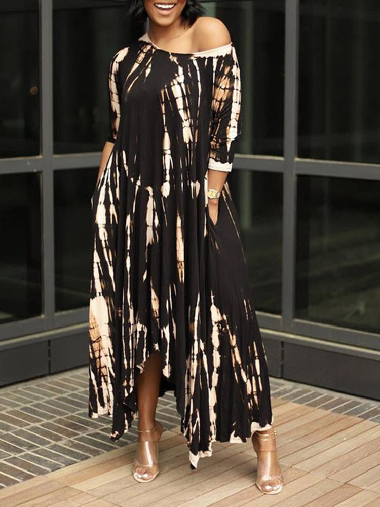 Tie dye print maxi dress with off-the-shoulder neckline and asymmetrical hem - View 11 | Lwiis
