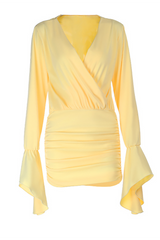 Yellow ruched mini dress with bell sleeves