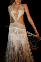 Knit maxi dress with halter neckline and fringe hem - View 6 | Lwiis
