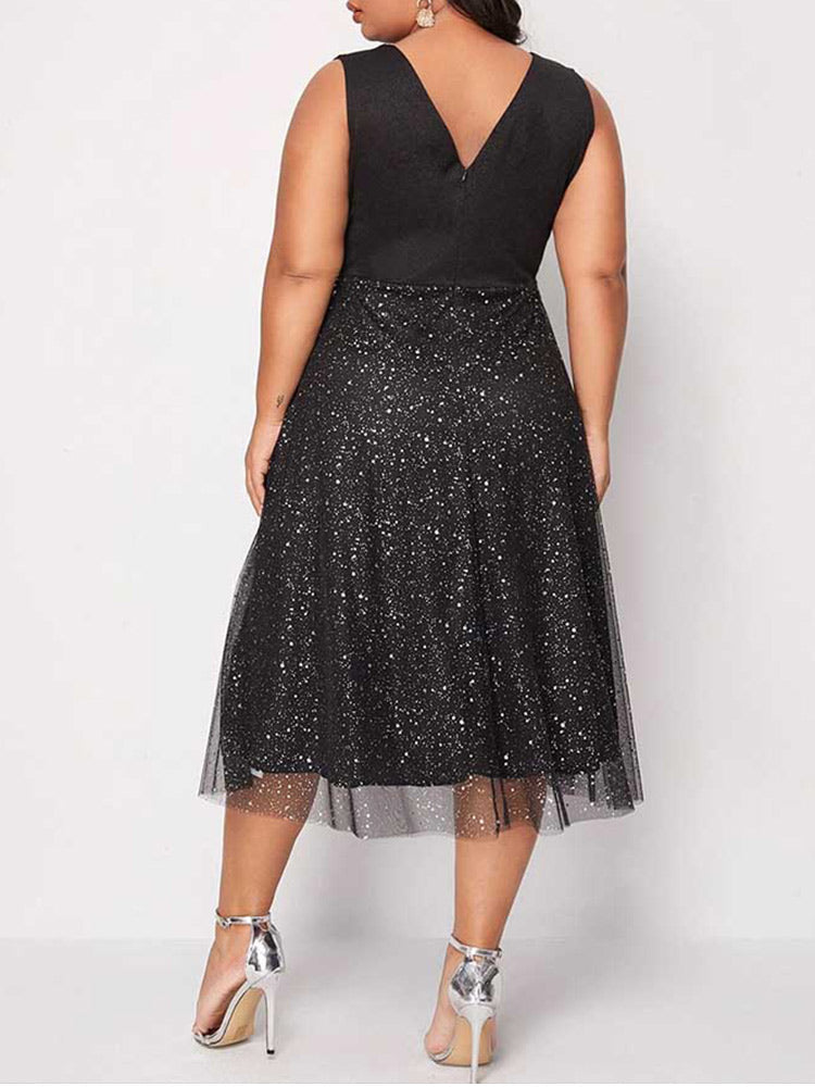 Contrast Mesh V-Neck Midi Dress - View 12 | Lwiis