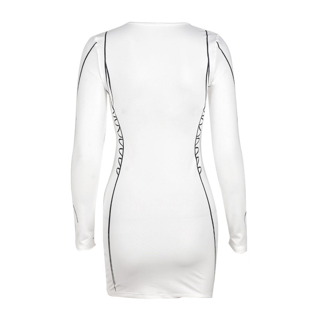 Back view of a white long-sleeve bodycon mini dress with black graphic print details.