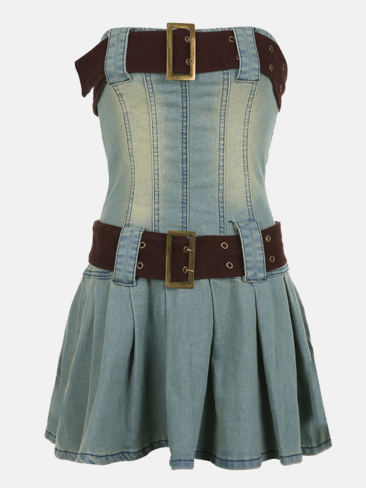 Front view of a strapless denim corset dress with brown belt details and a pleated skirt.