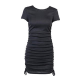 Black short-sleeve ruched bodycon dress with drawstring hem, front view.
