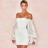 Front view of a white off-the-shoulder mini dress with dramatic sheer sleeves
