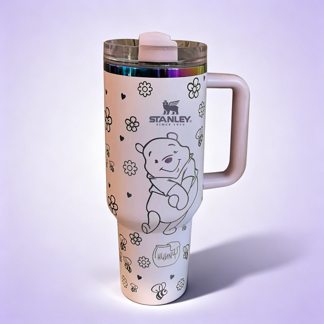 Stanley 40oz insulated tumbler featuring cute pink bear illustrations, paw prints and floral accents