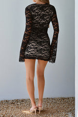 Floral Lace Tie Front Mini Dress - View 6 | Lwiis