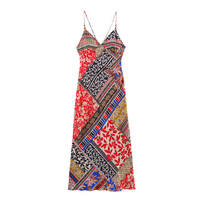 A colorful patchwork print maxi dress with spaghetti straps, shown flat.