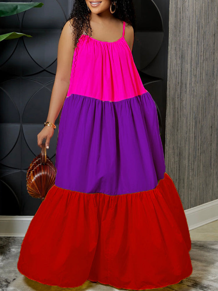 Color block casual A-line maxi dress with spaghetti straps - View 6 | Lwiis