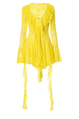 yellow lace dress with ruffled neckline and bell sleeves