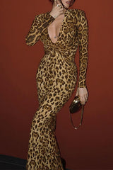 Deep V Neck Long Sleeve Leopard Print Bodycon Maxi Dresses - LightBrown