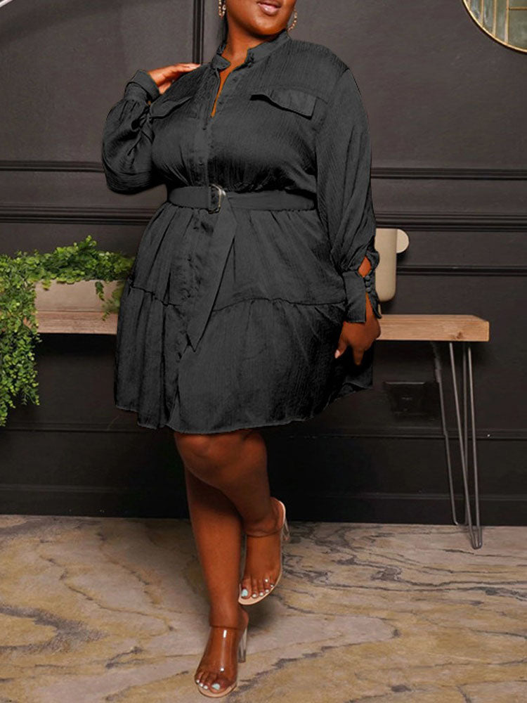 Belted Midi Dress with Ruffle Hem - View 11 | Lwiis