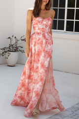 Strapless floral print maxi dress with ruched bodice and high slit - View 7 | Lwiis