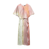 pink, yellow, and green ombre satin midi dress with batwing sleeves and a tie waist, shown front view