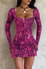 Long sleeve mini dress with irregular neckline and layered ruffles - View 9 | Lwiis