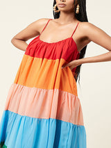 Close-up of the tiered bodice of a multi-colored maxi dress.