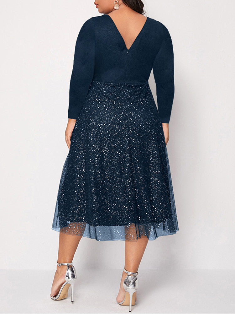 Contrast Mesh V-Neck Midi Dress - View 7 | Lwiis