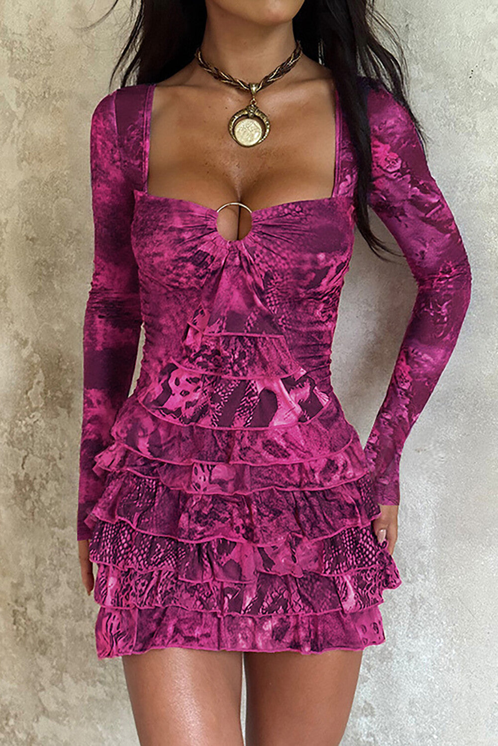 Long sleeve mini dress with irregular neckline and layered ruffles - View 8 | Lwiis