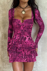 Long sleeve mini dress with irregular neckline and layered ruffles - View 8 | Lwiis