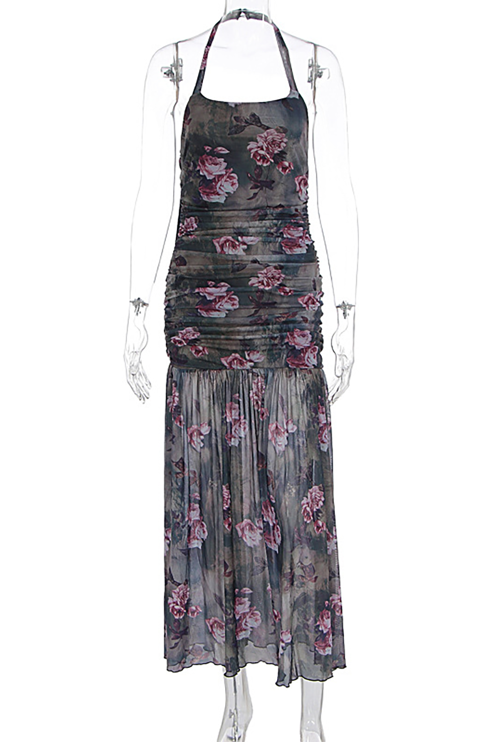 Floral print halter neck maxi dress displayed on a mannequin