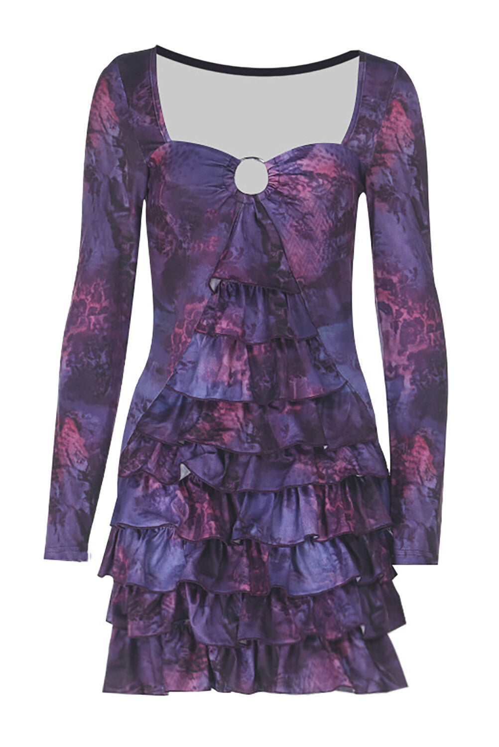 purple long-sleeved mini dress with a square neckline and ruffled hem