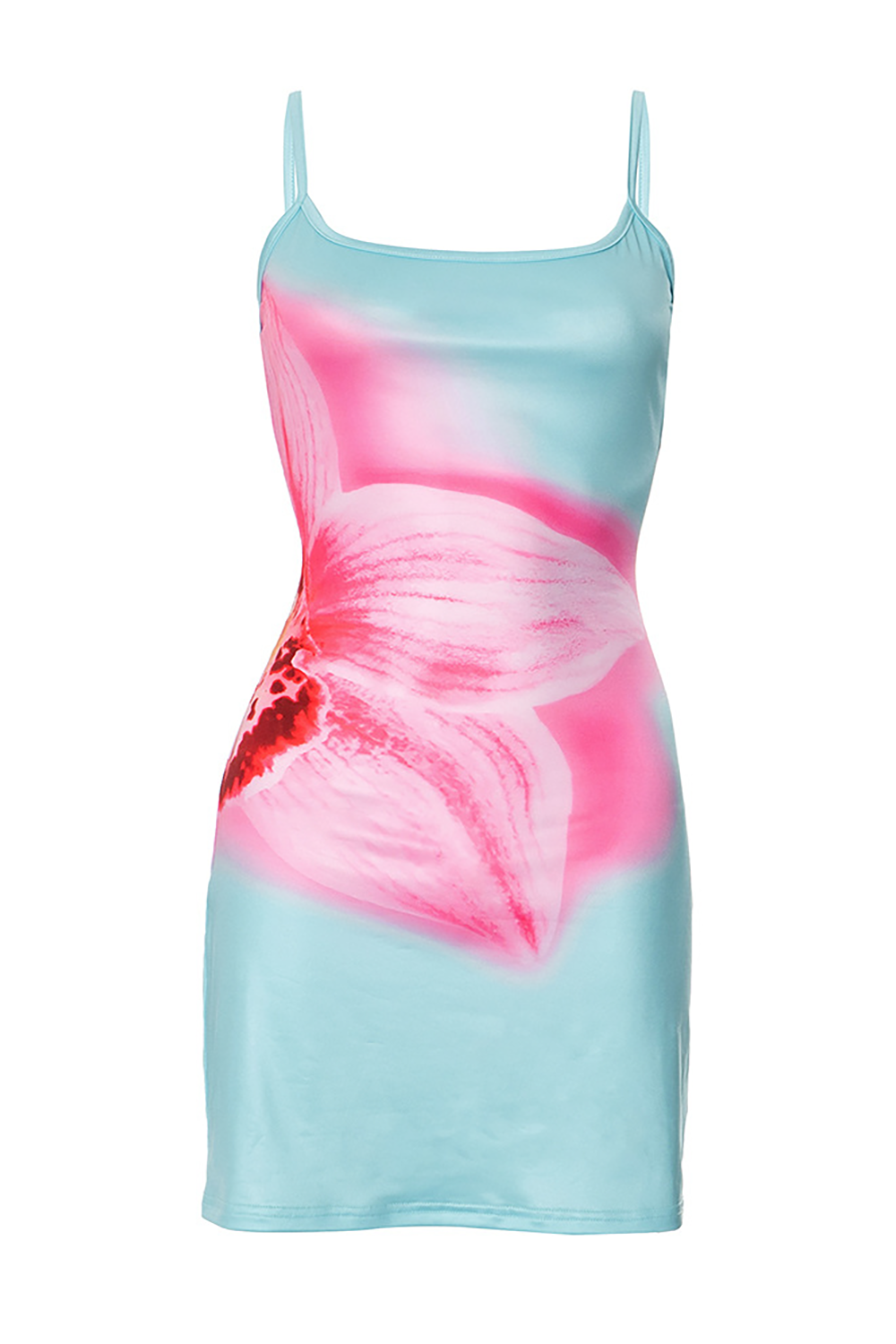 Blue and pink floral print bodycon mini dress displayed flat