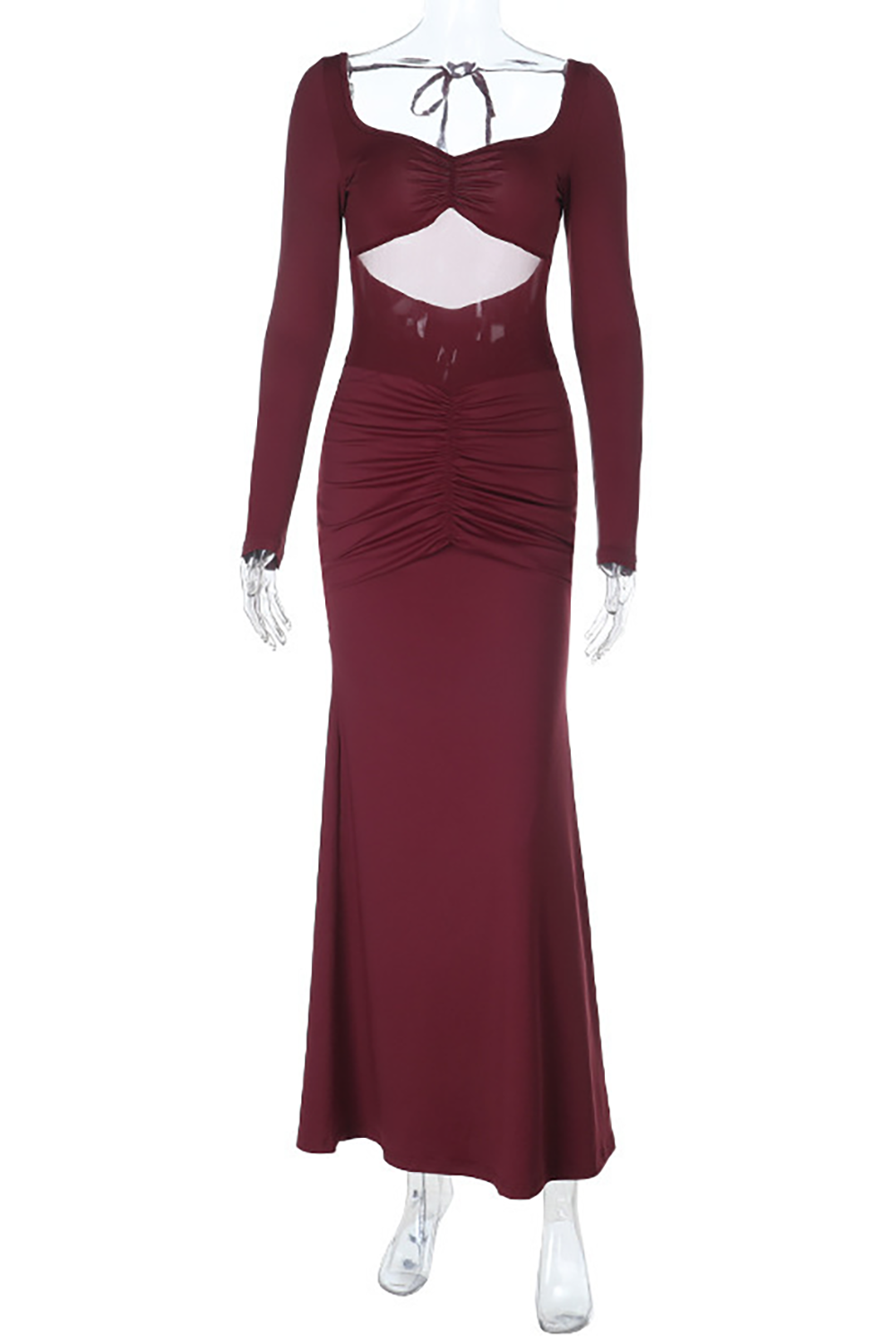 Burgundy long-sleeved mermaid dress with a sheer bodice and ruched waist, displayed on a mannequin.
