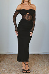 Front view of a woman in a black off-the-shoulder ruched lace midi dress.