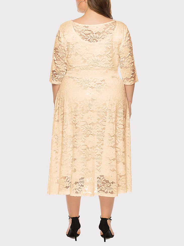 Back view of plus size beige lace midi dress