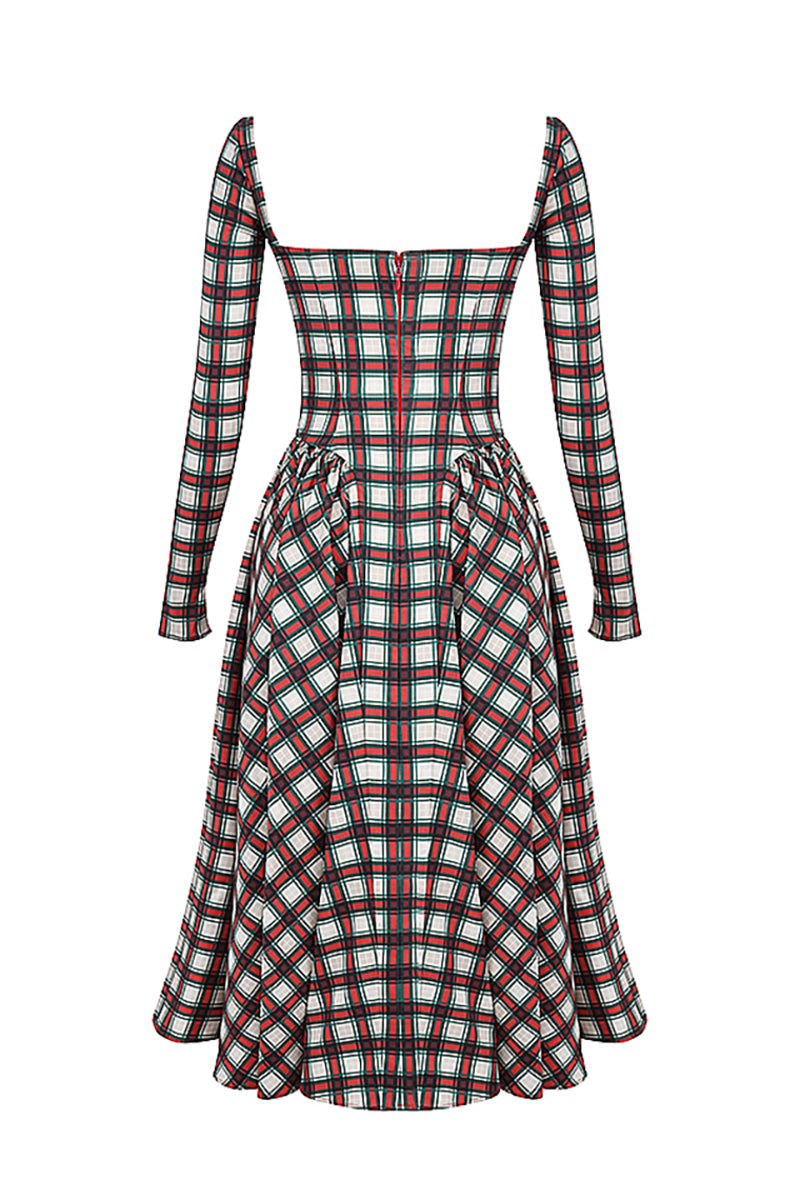 Plaid Pattern Long Sleeve Corset A - Line Pleated Midi Dress - View 9 | Lwiis