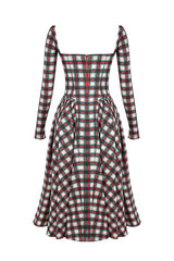 Plaid Pattern Long Sleeve Corset A - Line Pleated Midi Dress - View 9 | Lwiis
