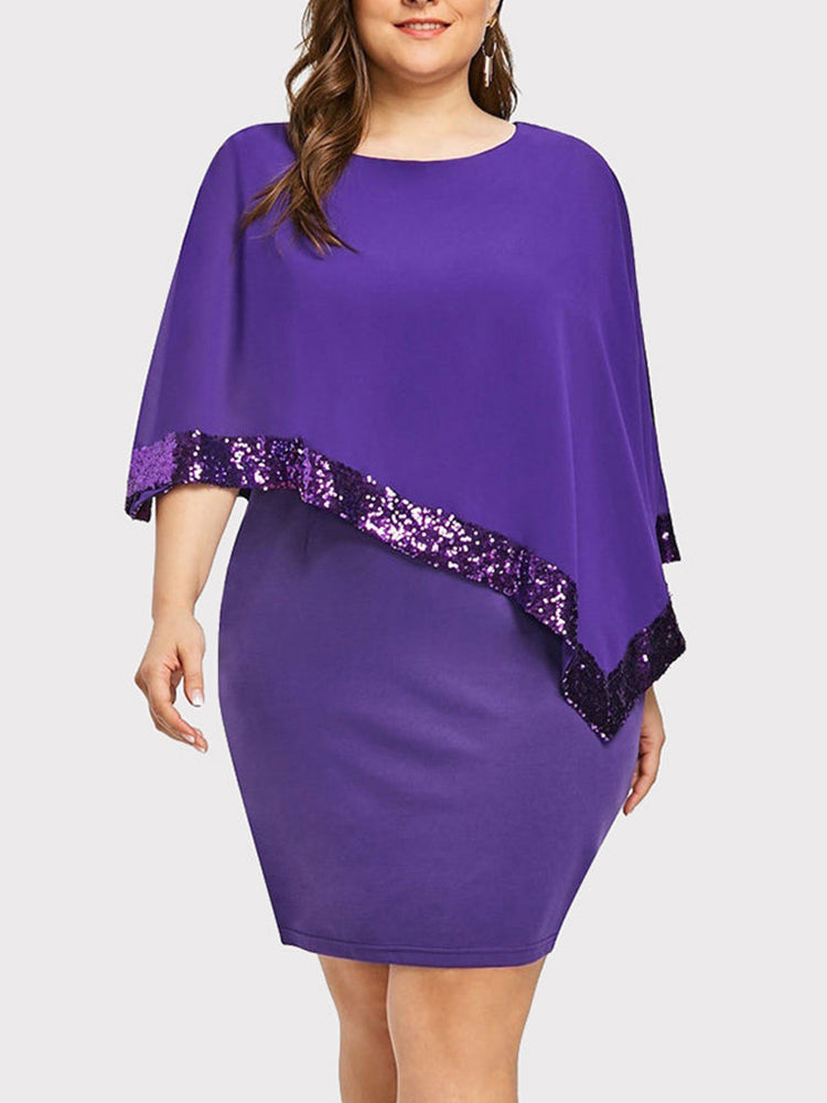 Close-up of a plus size woman in a purple sequined cape dress