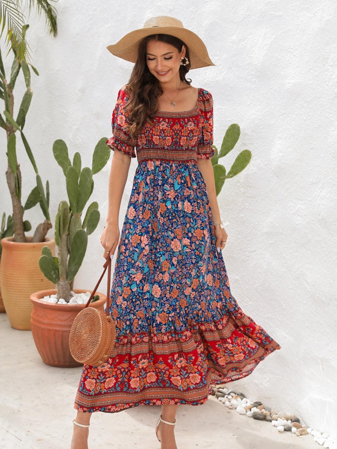 Floral Puff Sleeve Midi Dress - View 13 | Lwiis