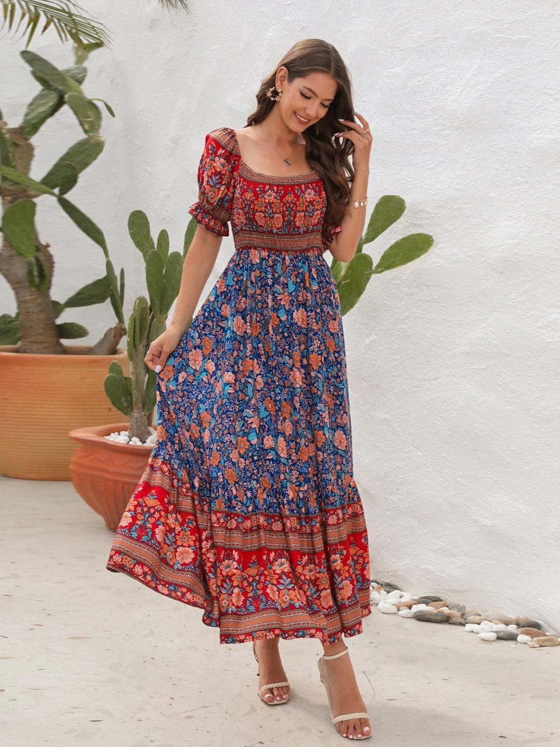 Floral Puff Sleeve Midi Dress - View 14 | Lwiis