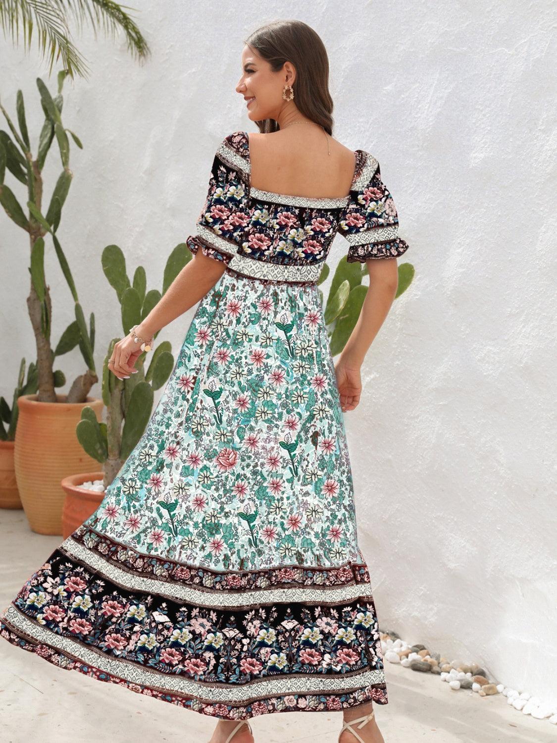 Floral Puff Sleeve Midi Dress - View 8 | Lwiis