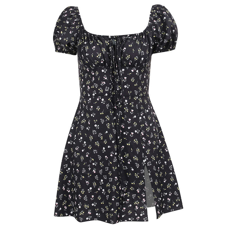 black floral print mini dress with puff sleeves, square neckline, and thigh slit
