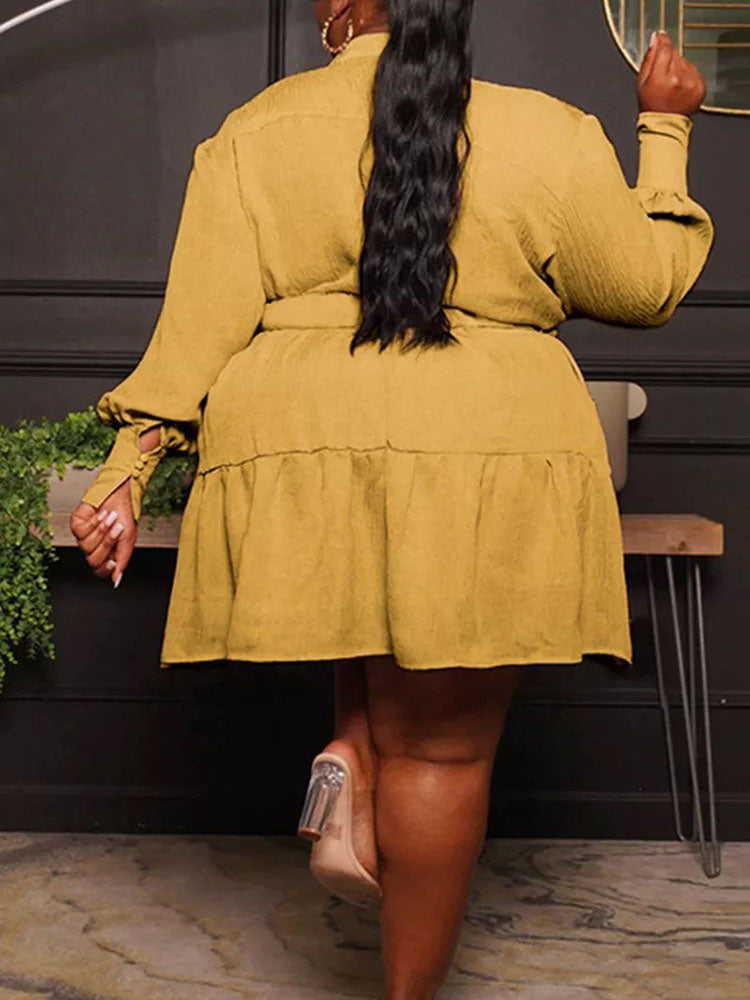 Belted Midi Dress with Ruffle Hem - View 9 | Lwiis