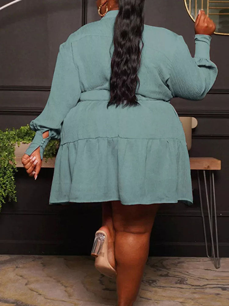 Belted Midi Dress with Ruffle Hem - View 16 | Lwiis
