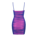 Back view of a pink and blue ruched mesh bodycon dress