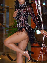Close-up of a woman in an embellished mini dress