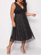 Contrast Mesh V-Neck Midi Dress - View 10 | Lwiis