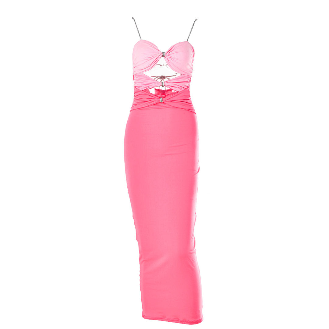Front view of a pink and light pink color-block midi dress with cut-out details and bow embellishments, displayed on a white background.